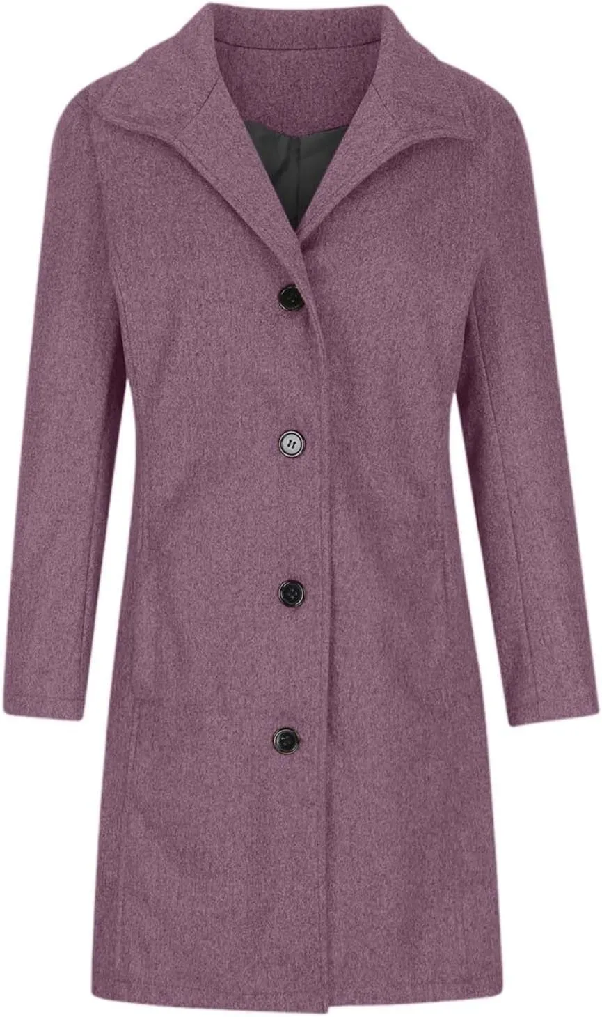 Women's Solid Color Thermal Windbreaker Notched Lapel Single Breasted Thick A-Line Wool Pea Coat with Pockets