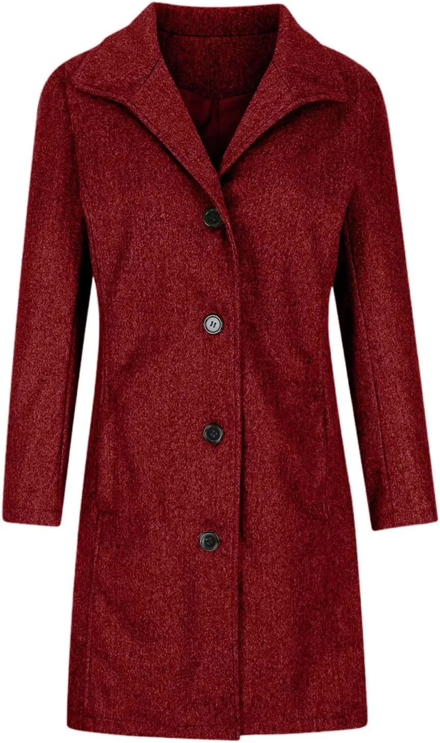 Women's Solid Color Thermal Windbreaker Notched Lapel Single Breasted Thick A-Line Wool Pea Coat with Pockets