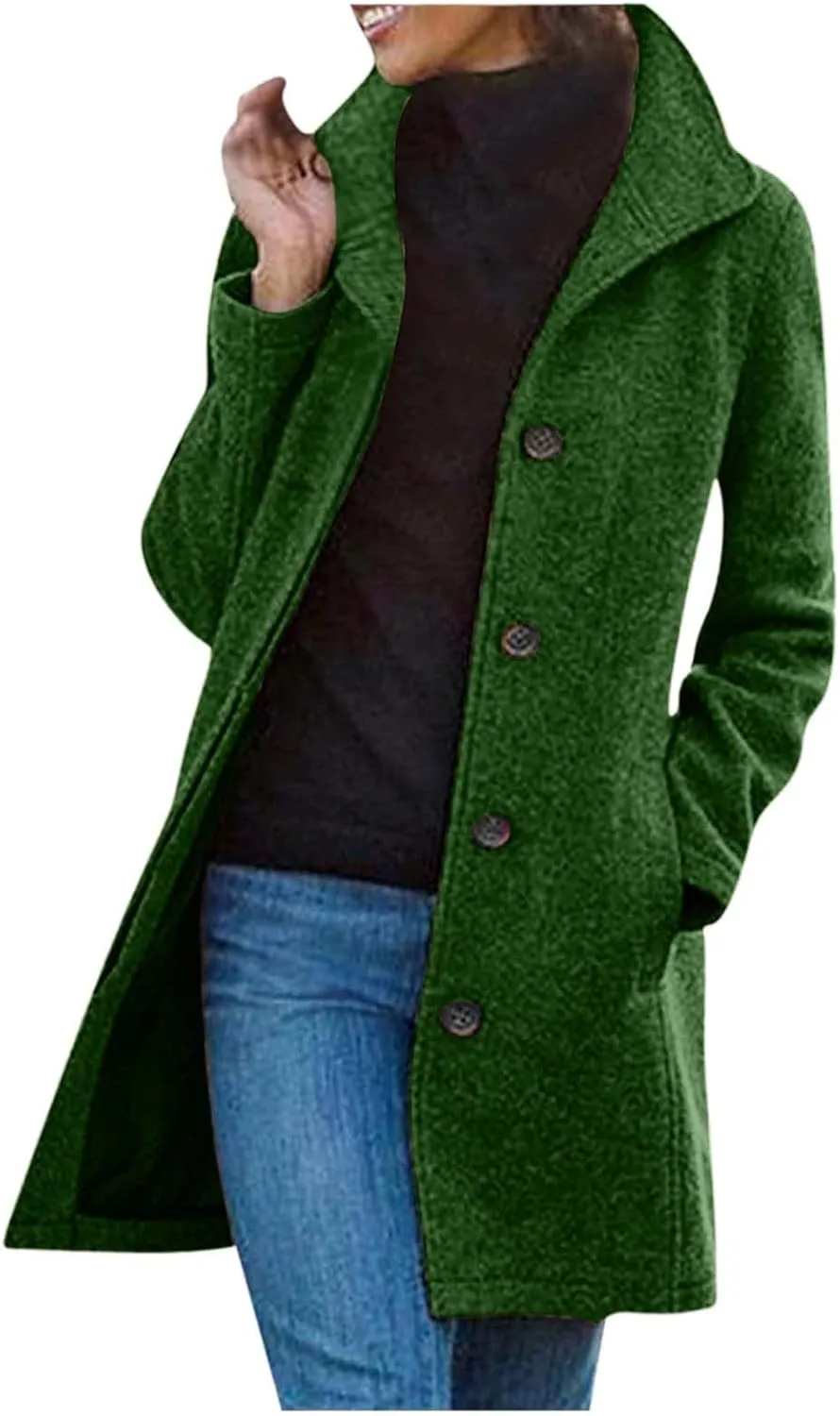 Women's Solid Color Thermal Windbreaker Notched Lapel Single Breasted Thick A-Line Wool Pea Coat with Pockets