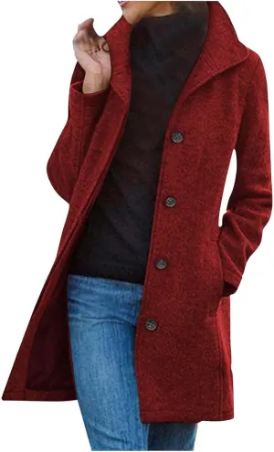 Women's Solid Color Thermal Windbreaker Notched Lapel Single Breasted Thick A-Line Wool Pea Coat with Pockets
