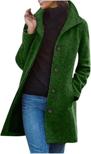 Women's Solid Color Thermal Windbreaker Notched Lapel Single Breasted Thick A-Line Wool Pea Coat with Pockets