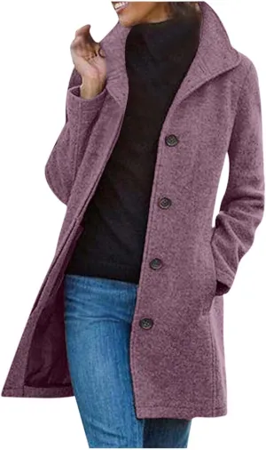 Women's Solid Color Thermal Windbreaker Notched Lapel Single Breasted Thick A-Line Wool Pea Coat with Pockets