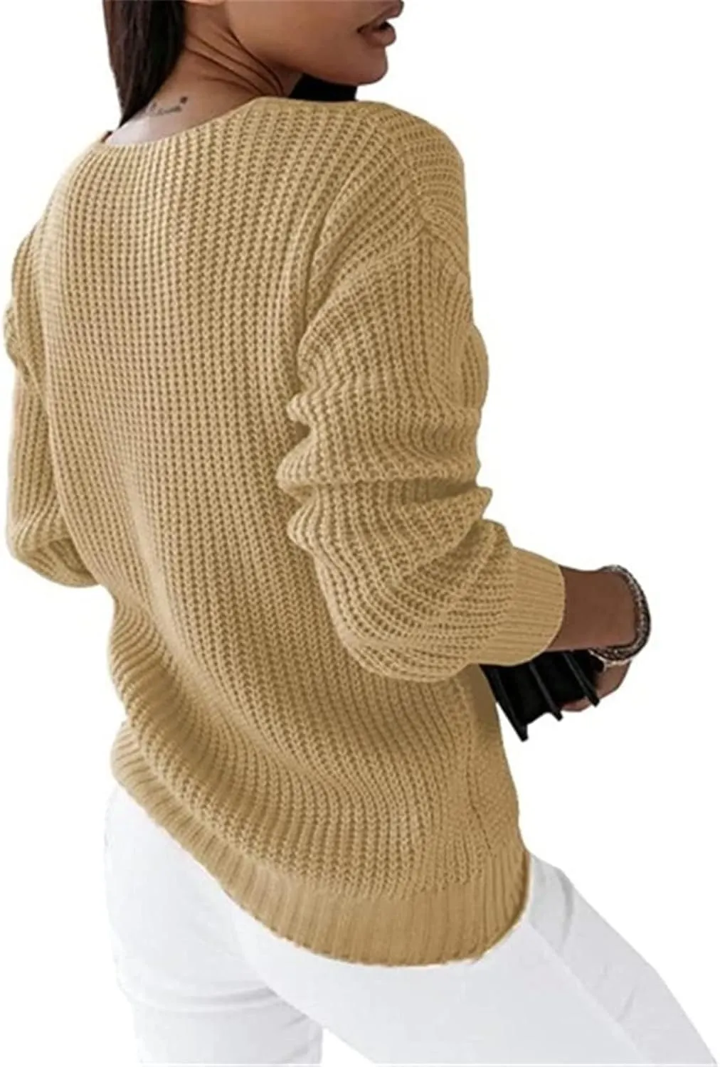 Women's Solid Knit Cable Sweater Casual Lantern Long Sleeve Pullover Tops Crew Neck Knitted Tops Casual Blouses