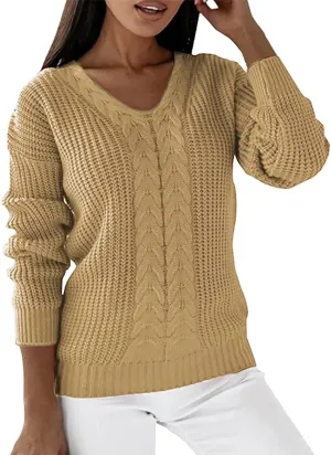 Women's Solid Knit Cable Sweater Casual Lantern Long Sleeve Pullover Tops Crew Neck Knitted Tops Casual Blouses
