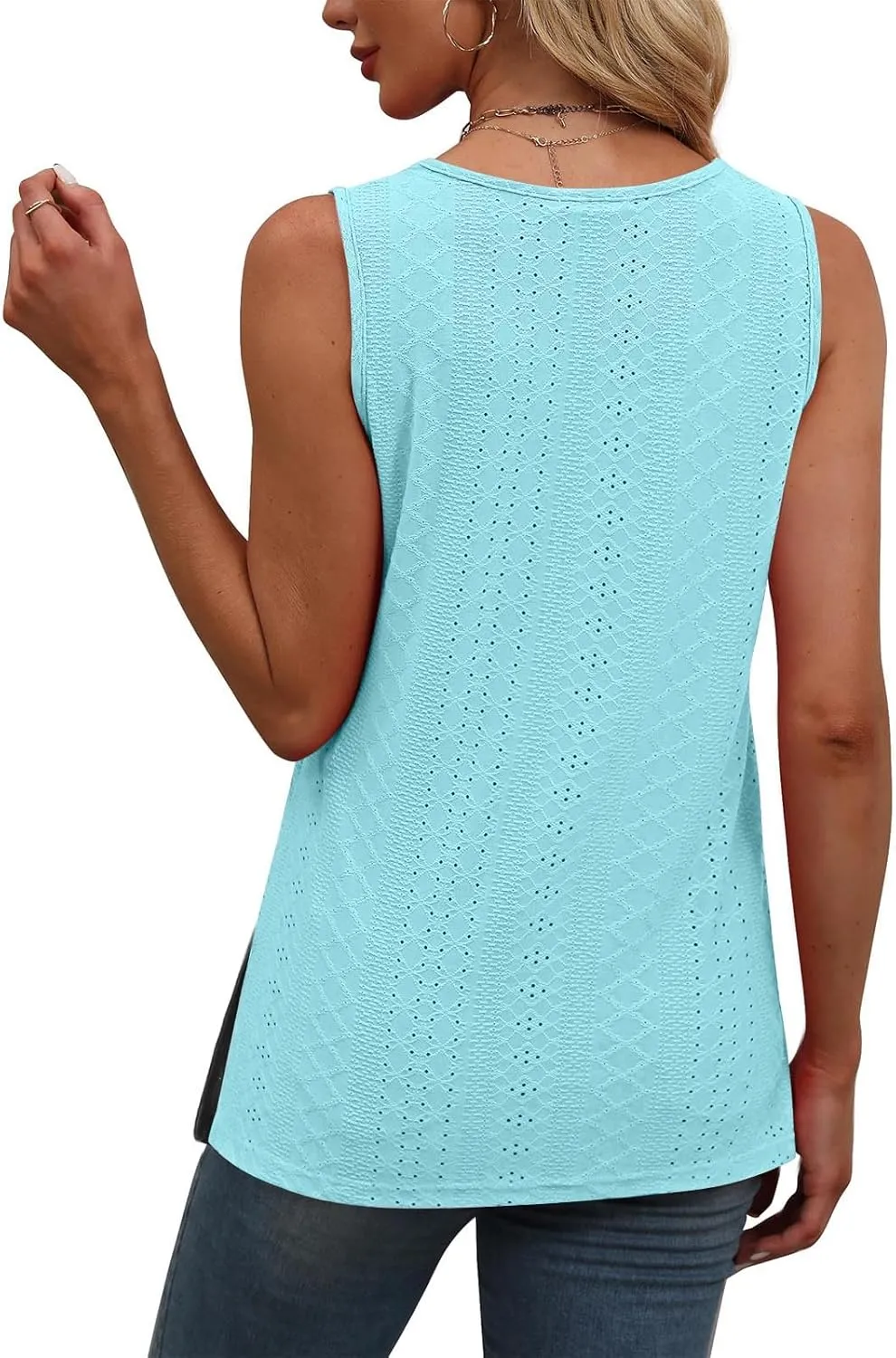 Women's Summer Eyelet Tank Tops 2025 Trendy Sleeveless Hollow Out Shirt Casual Basic Side Slit Beach Vacation Blouse