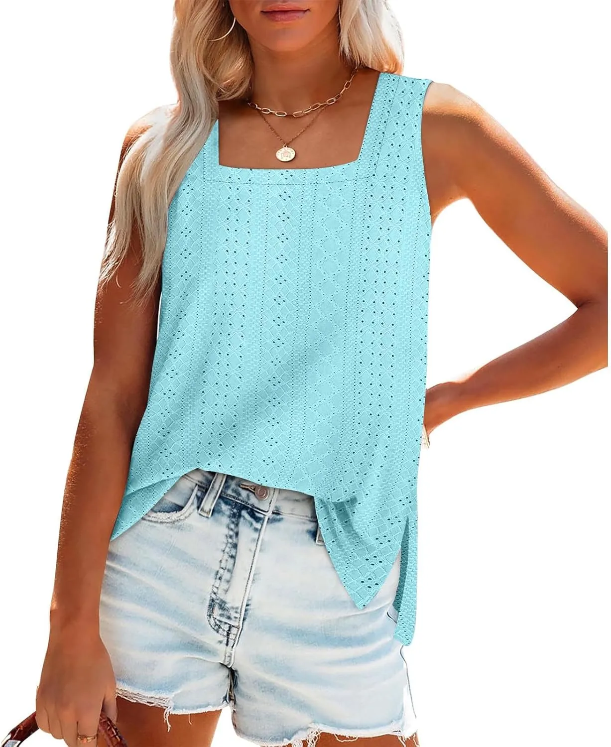 Women's Summer Eyelet Tank Tops 2025 Trendy Sleeveless Hollow Out Shirt Casual Basic Side Slit Beach Vacation Blouse