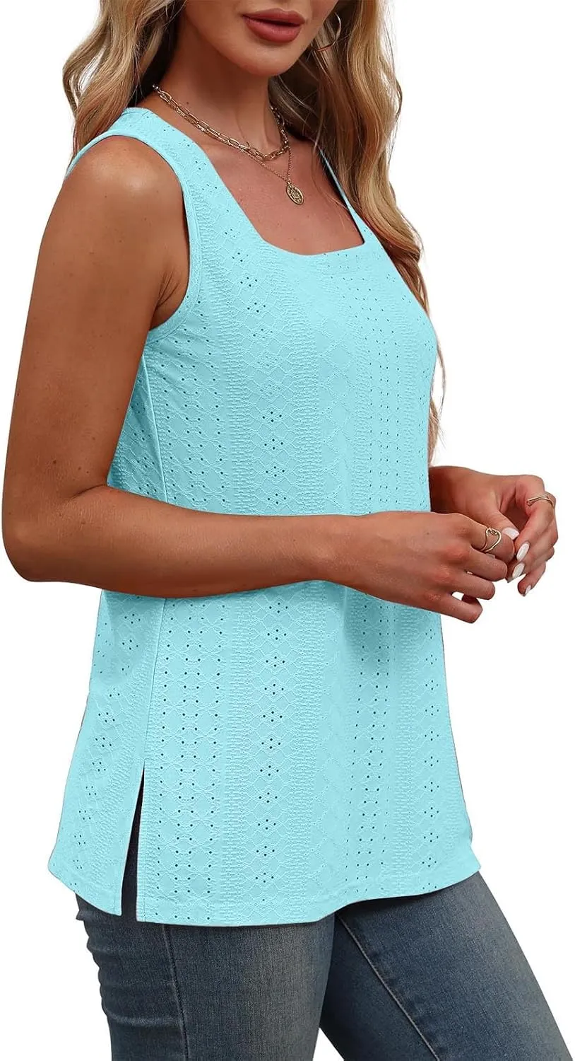 Women's Summer Eyelet Tank Tops 2025 Trendy Sleeveless Hollow Out Shirt Casual Basic Side Slit Beach Vacation Blouse
