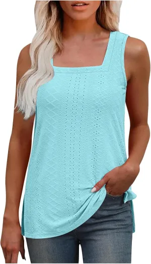 Women's Summer Eyelet Tank Tops 2025 Trendy Sleeveless Hollow Out Shirt Casual Basic Side Slit Beach Vacation Blouse