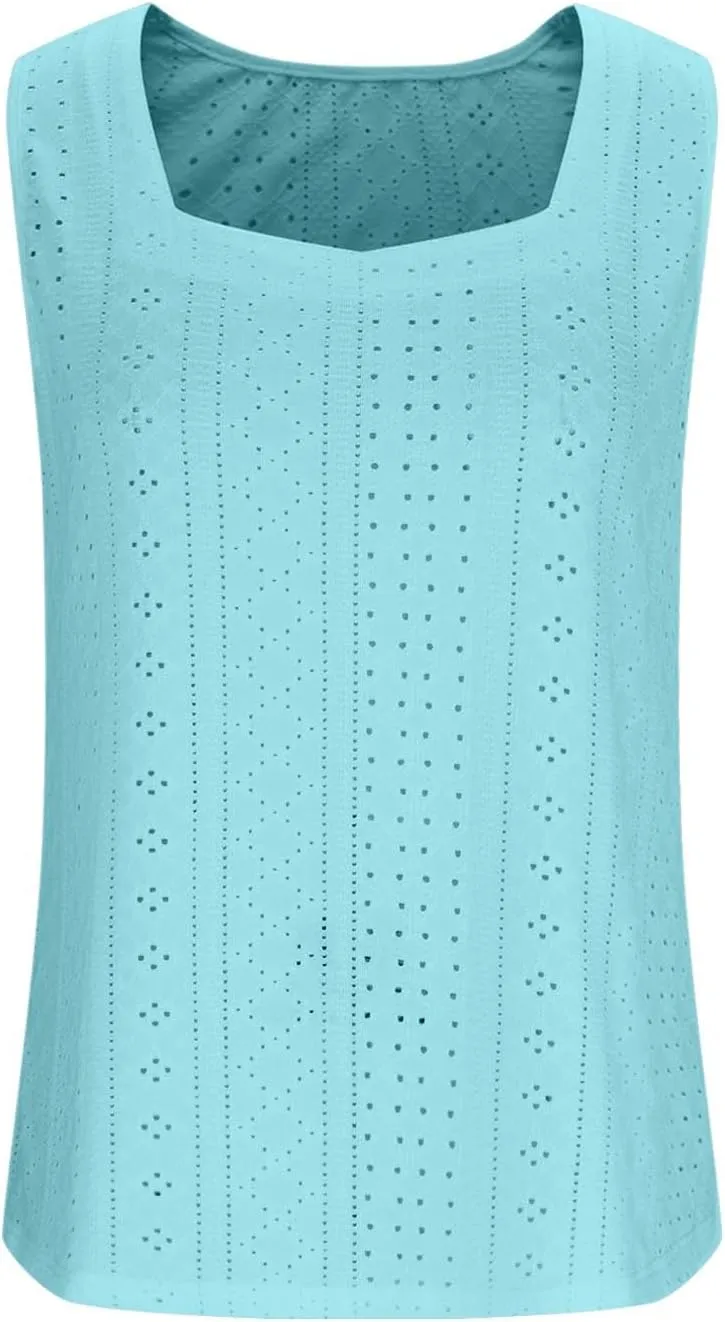 Women's Summer Eyelet Tank Tops 2025 Trendy Sleeveless Hollow Out Shirt Casual Basic Side Slit Beach Vacation Blouse