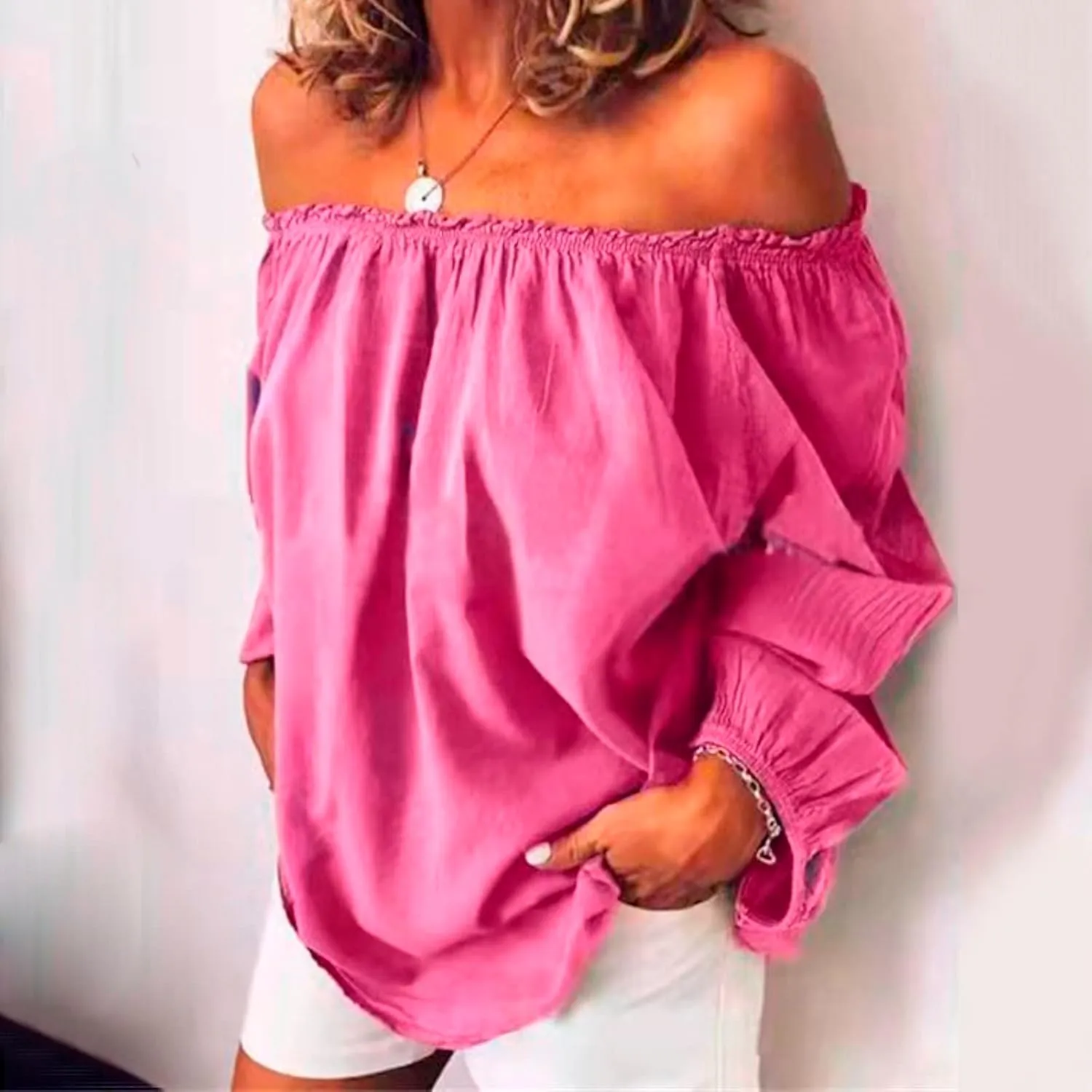 Women's Summer Off Shoulder Blouses Short Sleeves Sexy Tops Chiffon Ruffles Casual T Shirt Linen Tops
