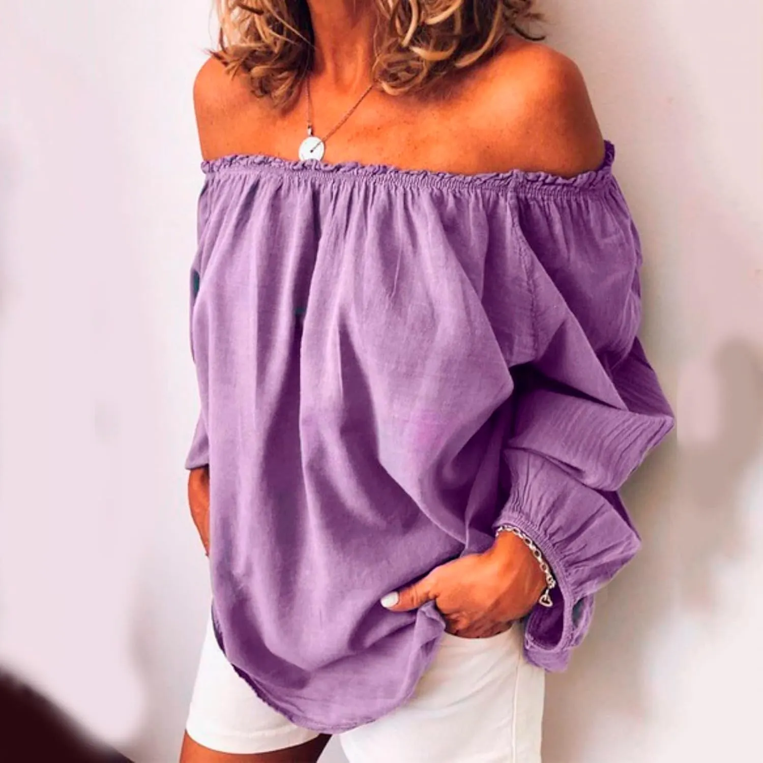 Women's Summer Off Shoulder Blouses Short Sleeves Sexy Tops Chiffon Ruffles Casual T Shirt Linen Tops