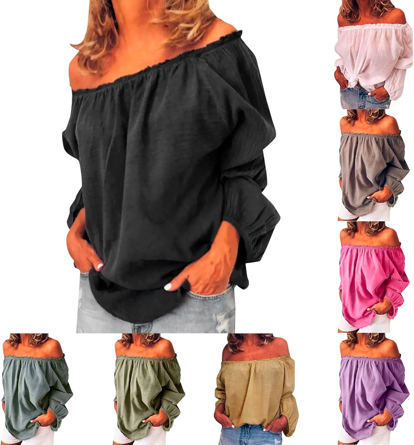 Women's Summer Off Shoulder Blouses Short Sleeves Sexy Tops Chiffon Ruffles Casual T Shirt Linen Tops