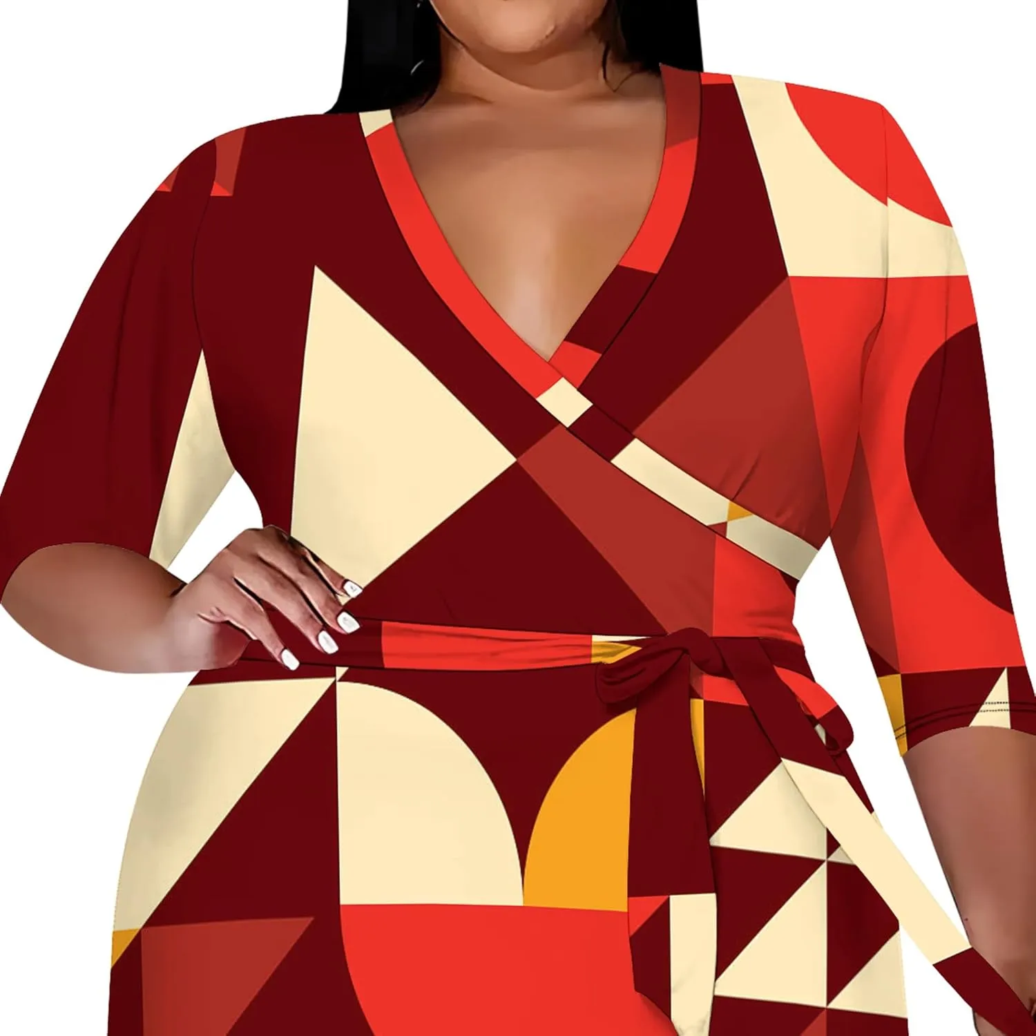Women's Summer Plus Size Midi Dress 3/4 Sleeves V Neck Sexy Curvy Wrap Geometric Pattern Party Club Dresses with Belt