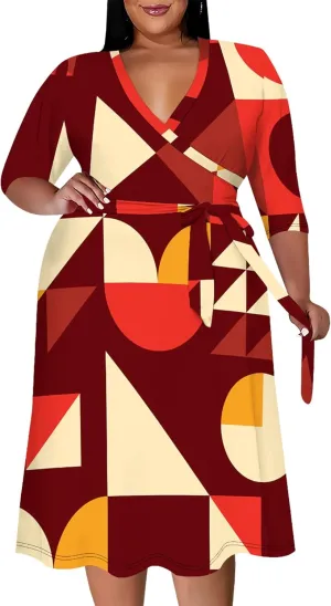 Women's Summer Plus Size Midi Dress 3/4 Sleeves V Neck Sexy Curvy Wrap Geometric Pattern Party Club Dresses with Belt