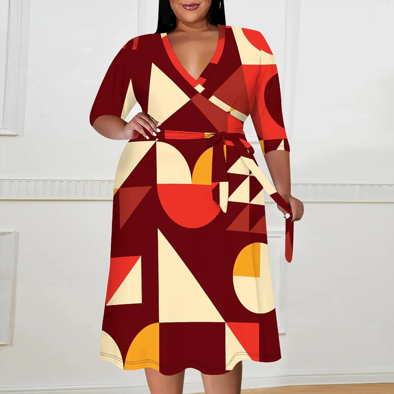 Women's Summer Plus Size Midi Dress 3/4 Sleeves V Neck Sexy Curvy Wrap Geometric Pattern Party Club Dresses with Belt
