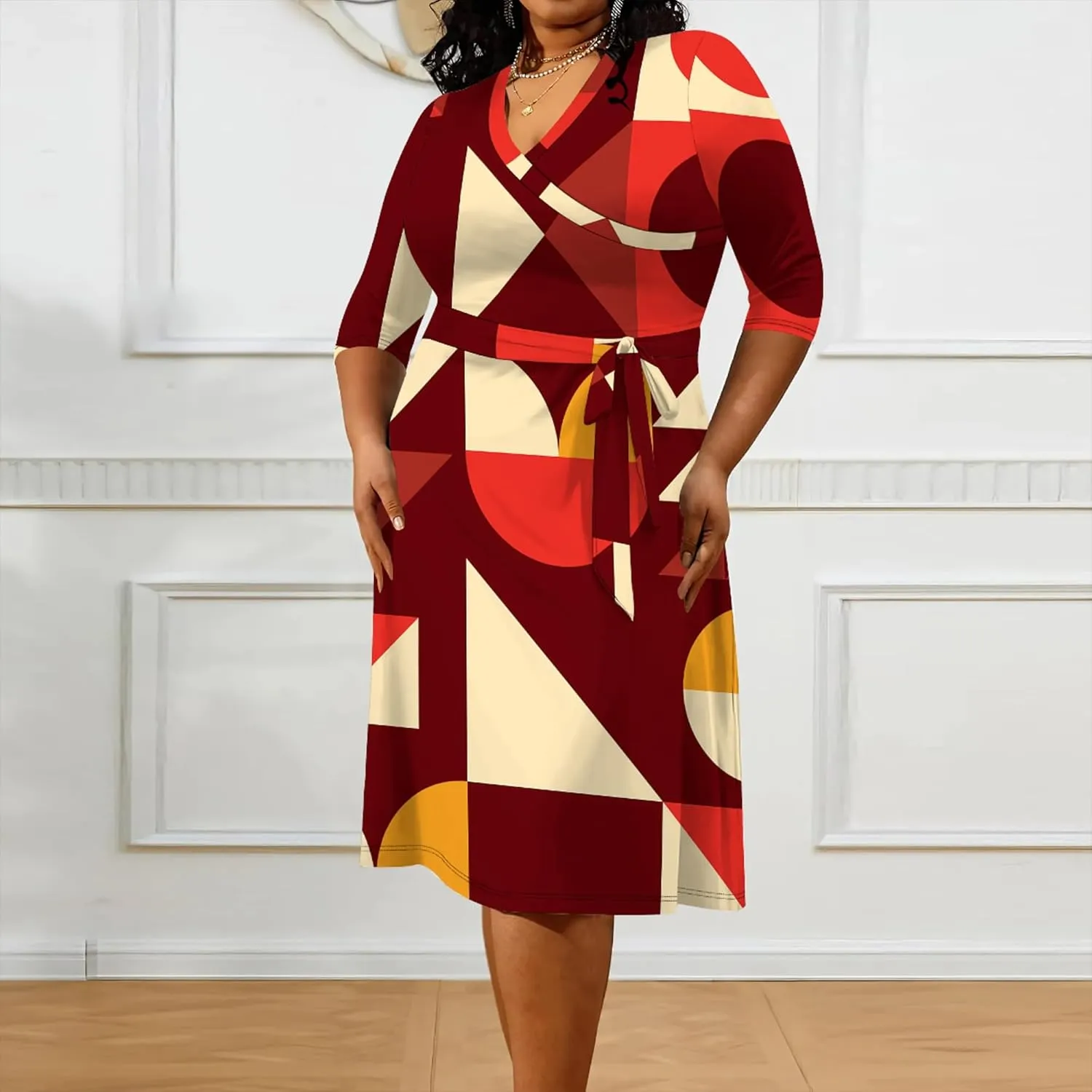 Women's Summer Plus Size Midi Dress 3/4 Sleeves V Neck Sexy Curvy Wrap Geometric Pattern Party Club Dresses with Belt
