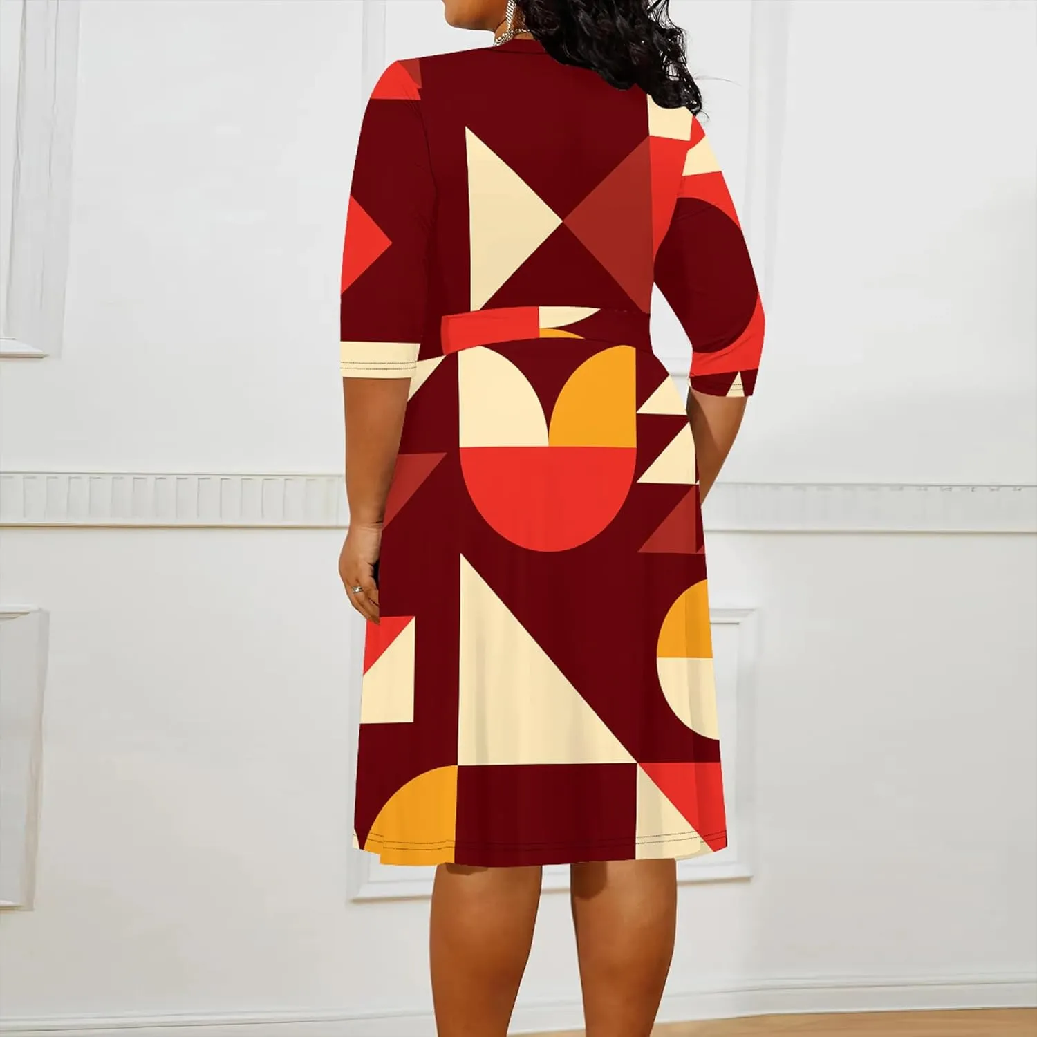 Women's Summer Plus Size Midi Dress 3/4 Sleeves V Neck Sexy Curvy Wrap Geometric Pattern Party Club Dresses with Belt