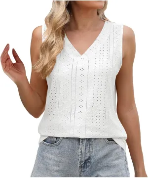 Womens Summer Tank Tops Sleeveless V Neck Eyelet Top Trendy Lightweight Breathable Casual Shirts 2025 Summer Outfit