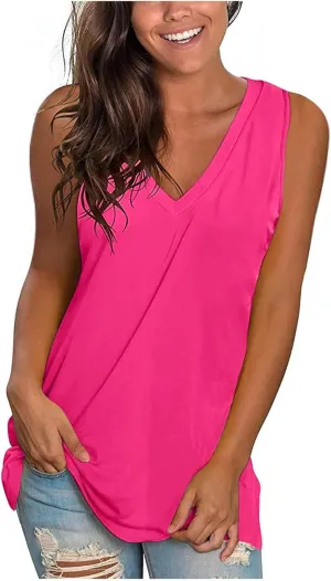 Womens Summer Tank Tops Sleeveless V Neck T Shirts Trendy Side Split Tshirt Loose Fit Flowy Shirt Casual Basic Tees