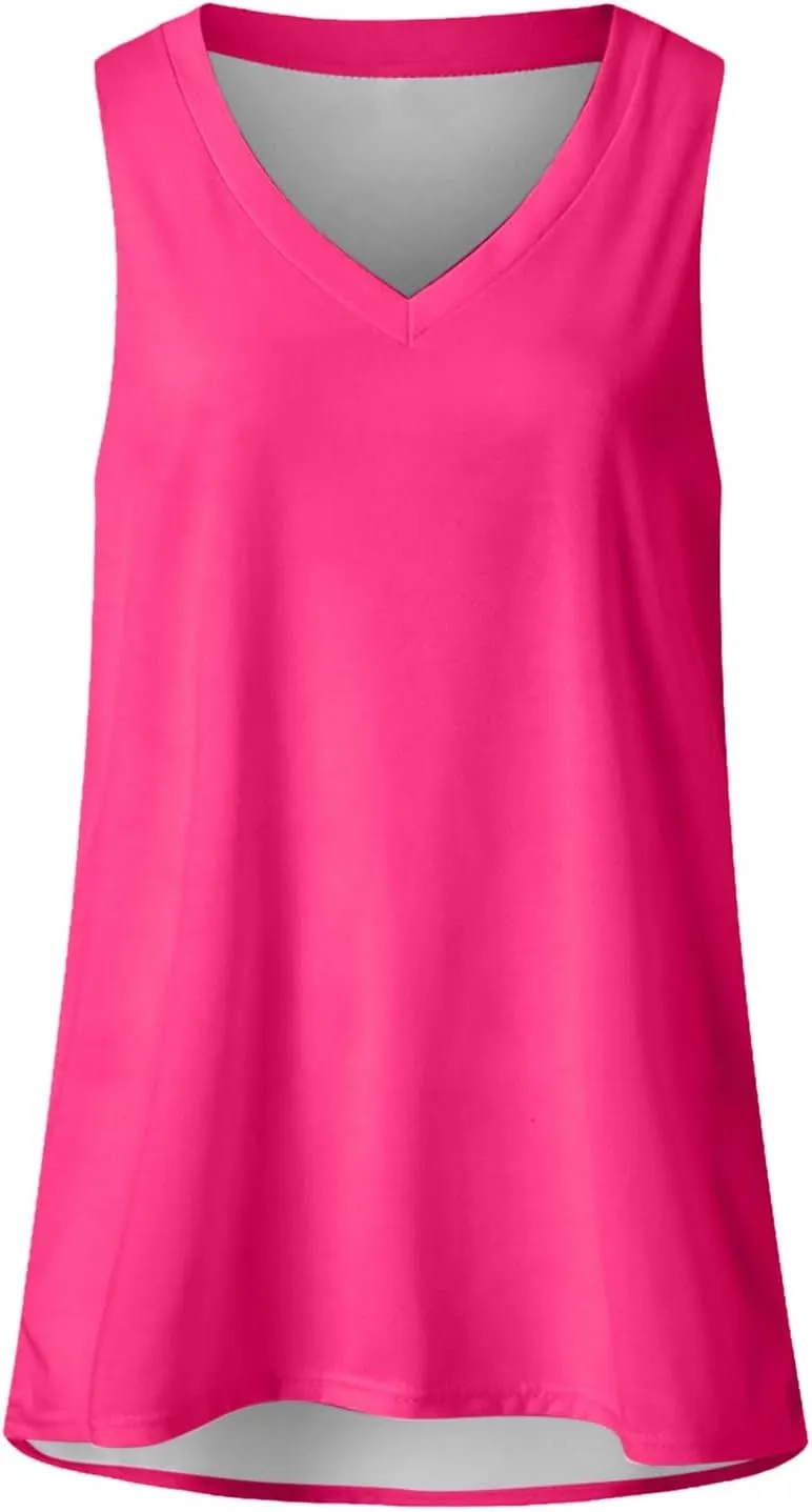 Womens Summer Tank Tops Sleeveless V Neck T Shirts Trendy Side Split Tshirt Loose Fit Flowy Shirt Casual Basic Tees