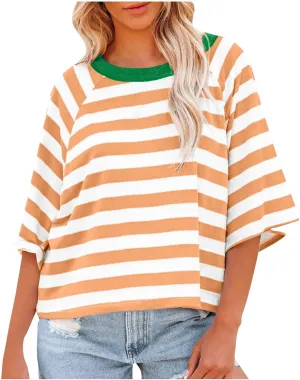 Womens Summer Tops Striped Color Block Short Sleeve Crewneck Shirt Y2k Tops 2024 Oversized Tshirts for Women
