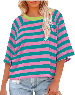 Womens Summer Tops Striped Color Block Short Sleeve Crewneck Shirt Y2k Tops 2024 Oversized Tshirts for Women