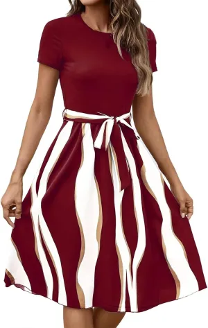 Womens Summer Vintage Dress for Women Vacation Boho Short Sleeve Tie Belt Wedding Dress Wedding Loose Hawaii Outfits