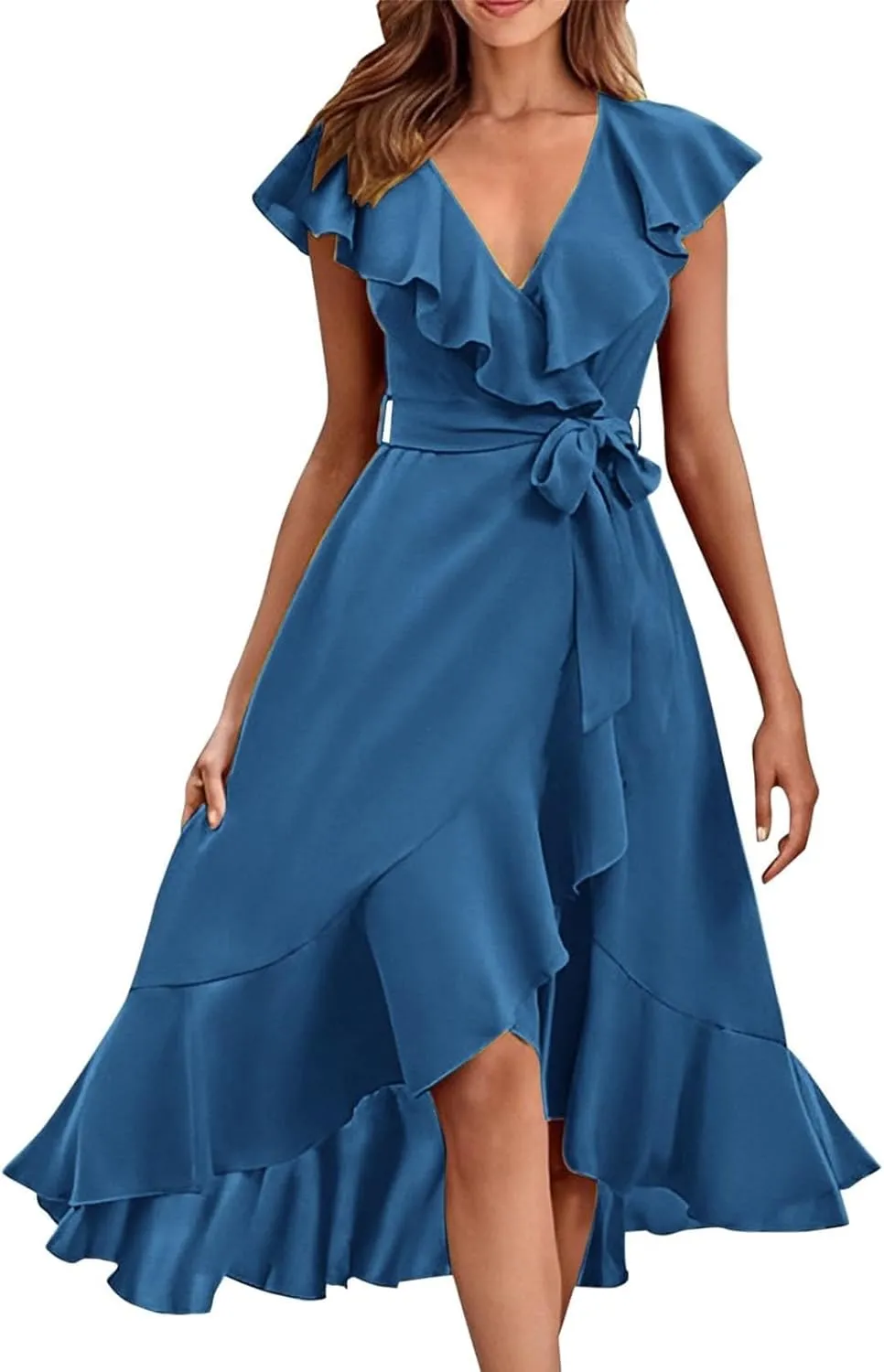 Womens Summer Wrap V Neck Split Party Dress Ruffle Short Sleeve Midi Dress with Belt