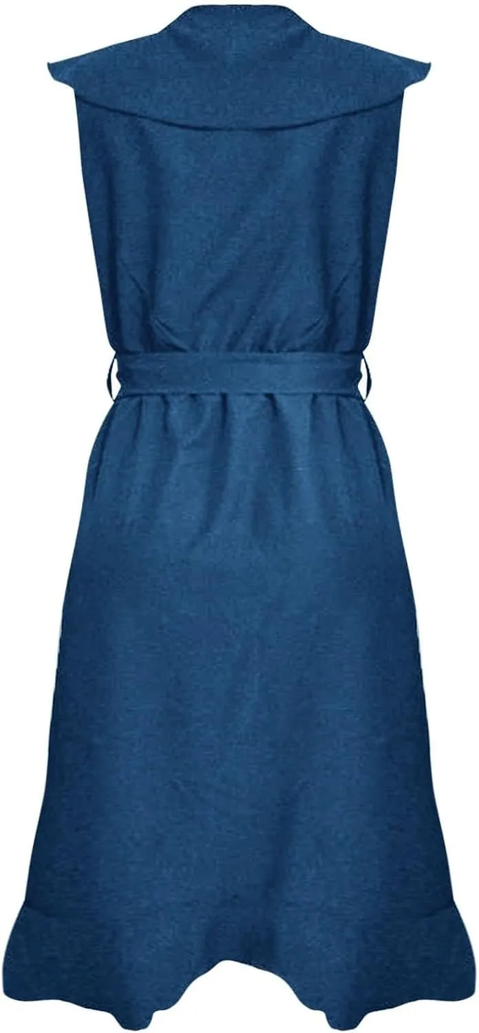 Womens Summer Wrap V Neck Split Party Dress Ruffle Short Sleeve Midi Dress with Belt