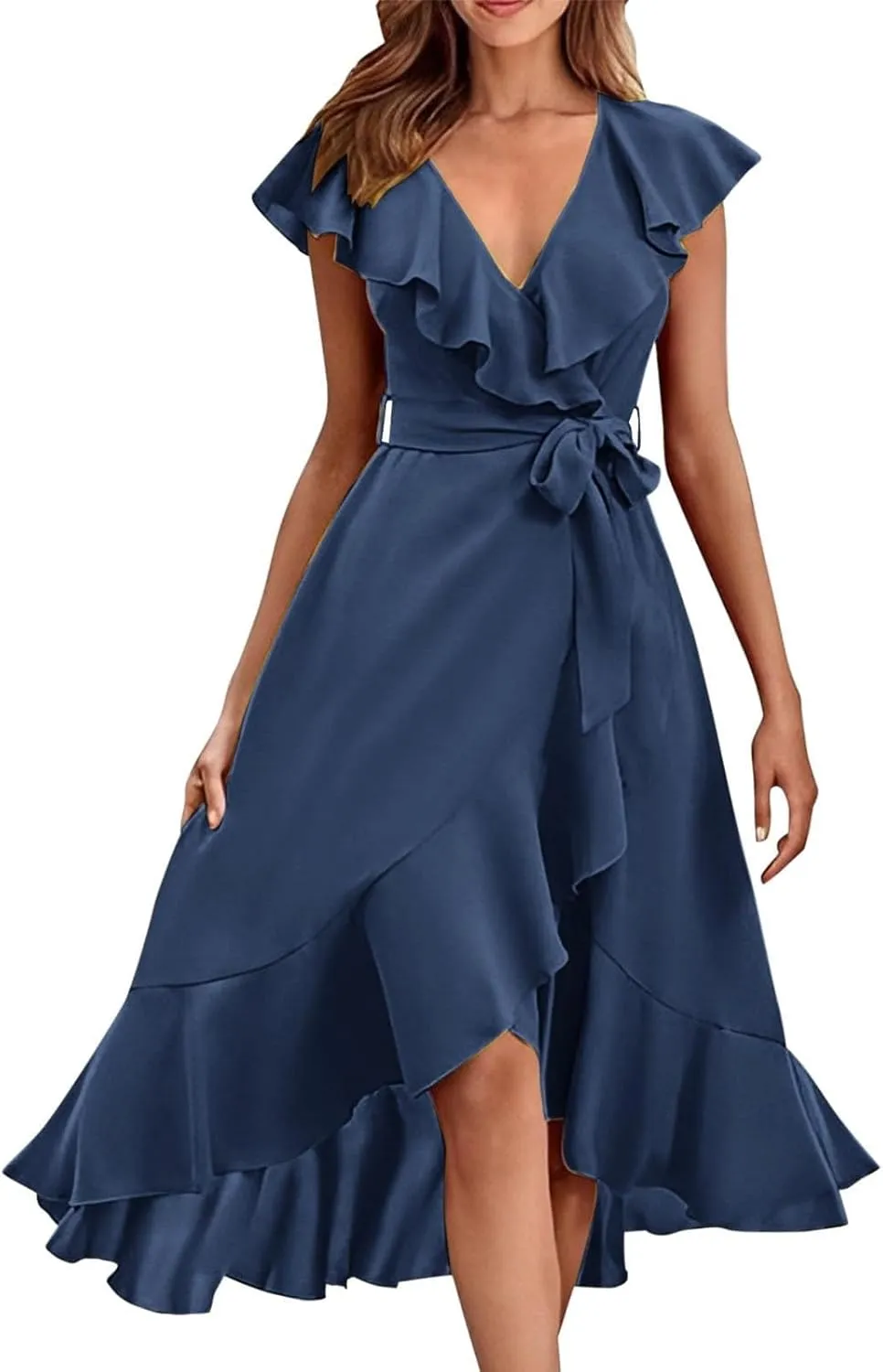 Womens Summer Wrap V Neck Split Party Dress Ruffle Short Sleeve Midi Dress with Belt