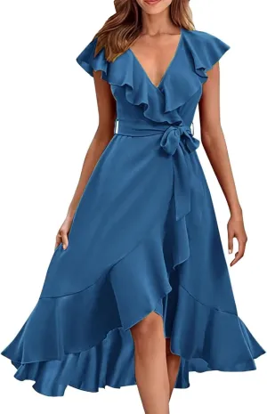 Womens Summer Wrap V Neck Split Party Dress Ruffle Short Sleeve Midi Dress with Belt