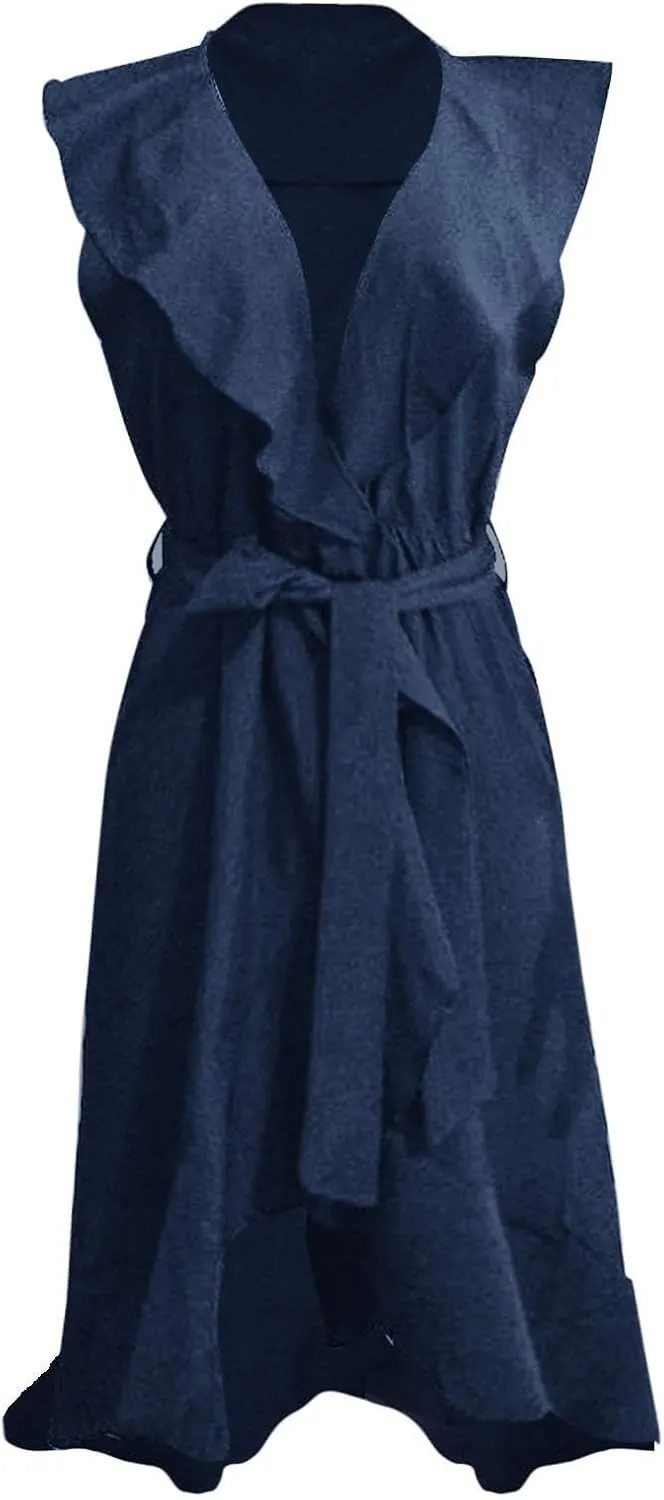 Womens Summer Wrap V Neck Split Party Dress Ruffle Short Sleeve Midi Dress with Belt