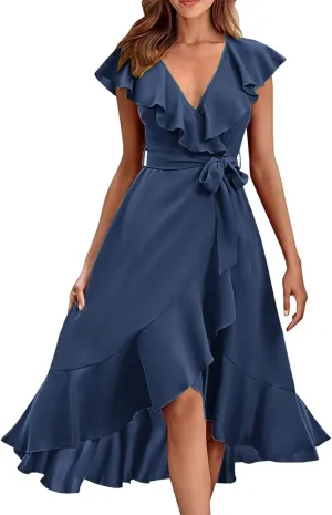 Womens Summer Wrap V Neck Split Party Dress Ruffle Short Sleeve Midi Dress with Belt