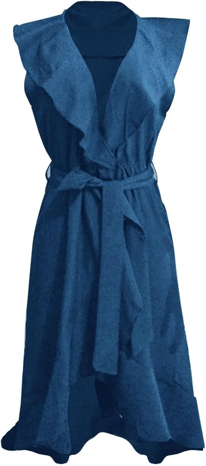 Womens Summer Wrap V Neck Split Party Dress Ruffle Short Sleeve Midi Dress with Belt