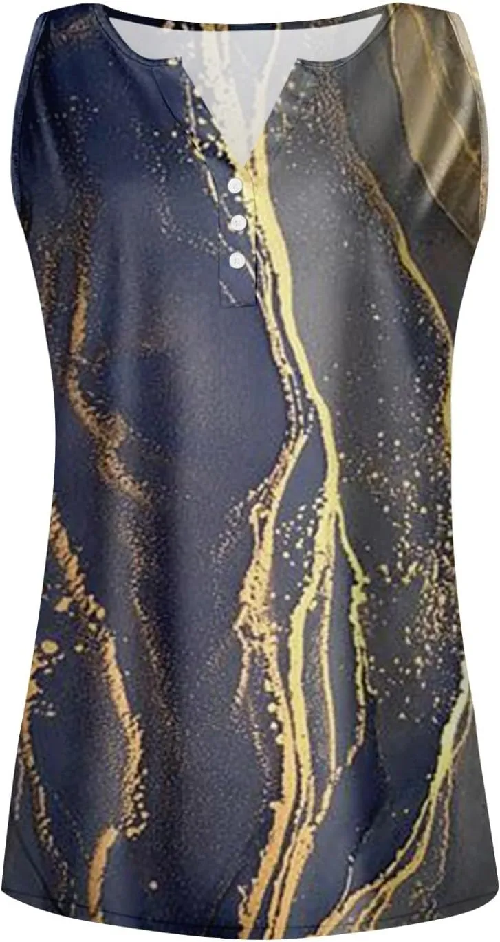 Womens Tank Tops Henley V Neck Button Printed Shirts 2025 Summer Casual Loose Fit Sleeveless Cute Tanks Tee for Women