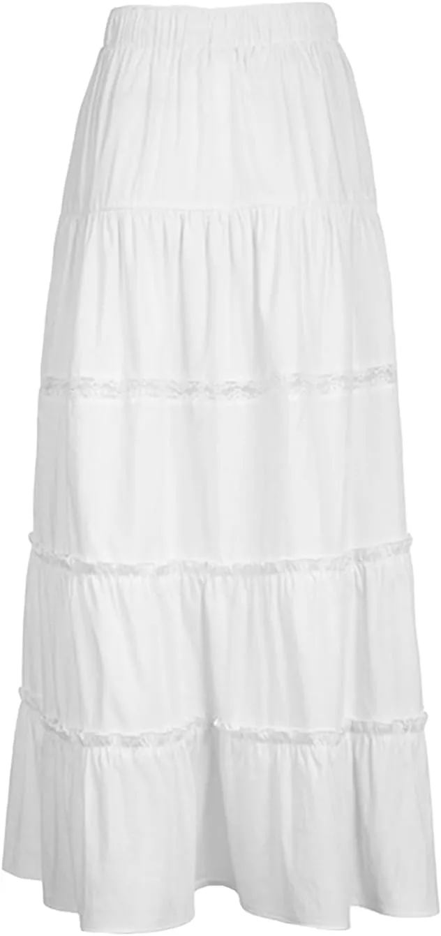 Women's Tiered Long Skirts Drawstring Elastic High Waist Solid Ruffle Hem Flowy Ruched Midi Skirts Side Split Skirts