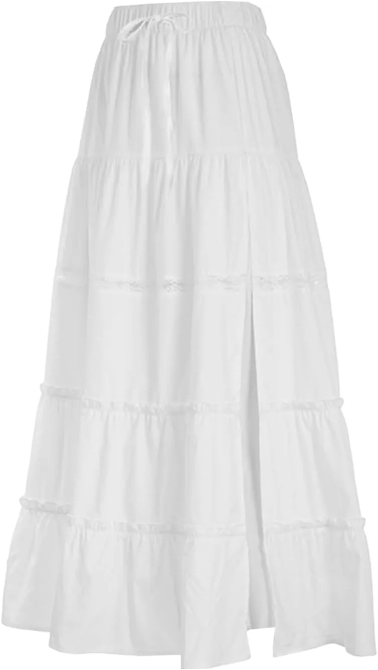 Women's Tiered Long Skirts Drawstring Elastic High Waist Solid Ruffle Hem Flowy Ruched Midi Skirts Side Split Skirts