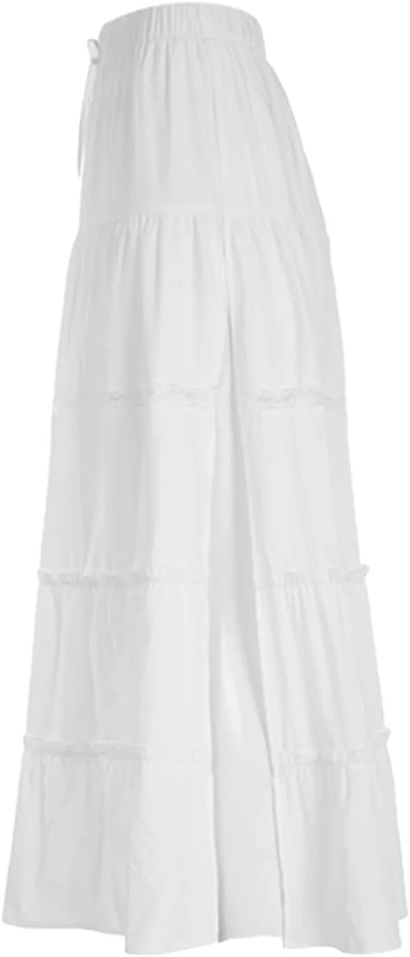 Women's Tiered Long Skirts Drawstring Elastic High Waist Solid Ruffle Hem Flowy Ruched Midi Skirts Side Split Skirts