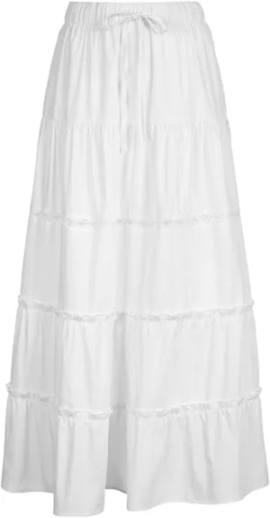 Women's Tiered Long Skirts Drawstring Elastic High Waist Solid Ruffle Hem Flowy Ruched Midi Skirts Side Split Skirts