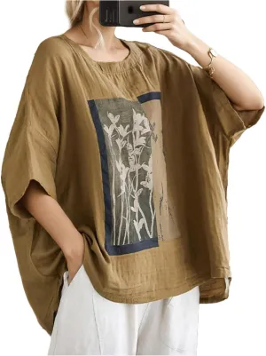 Womens Tops Oversized T Shirts, Summer Casual Batwing Sleeve Linen Tops, Vintage Floral Print Crew Neck Outfits