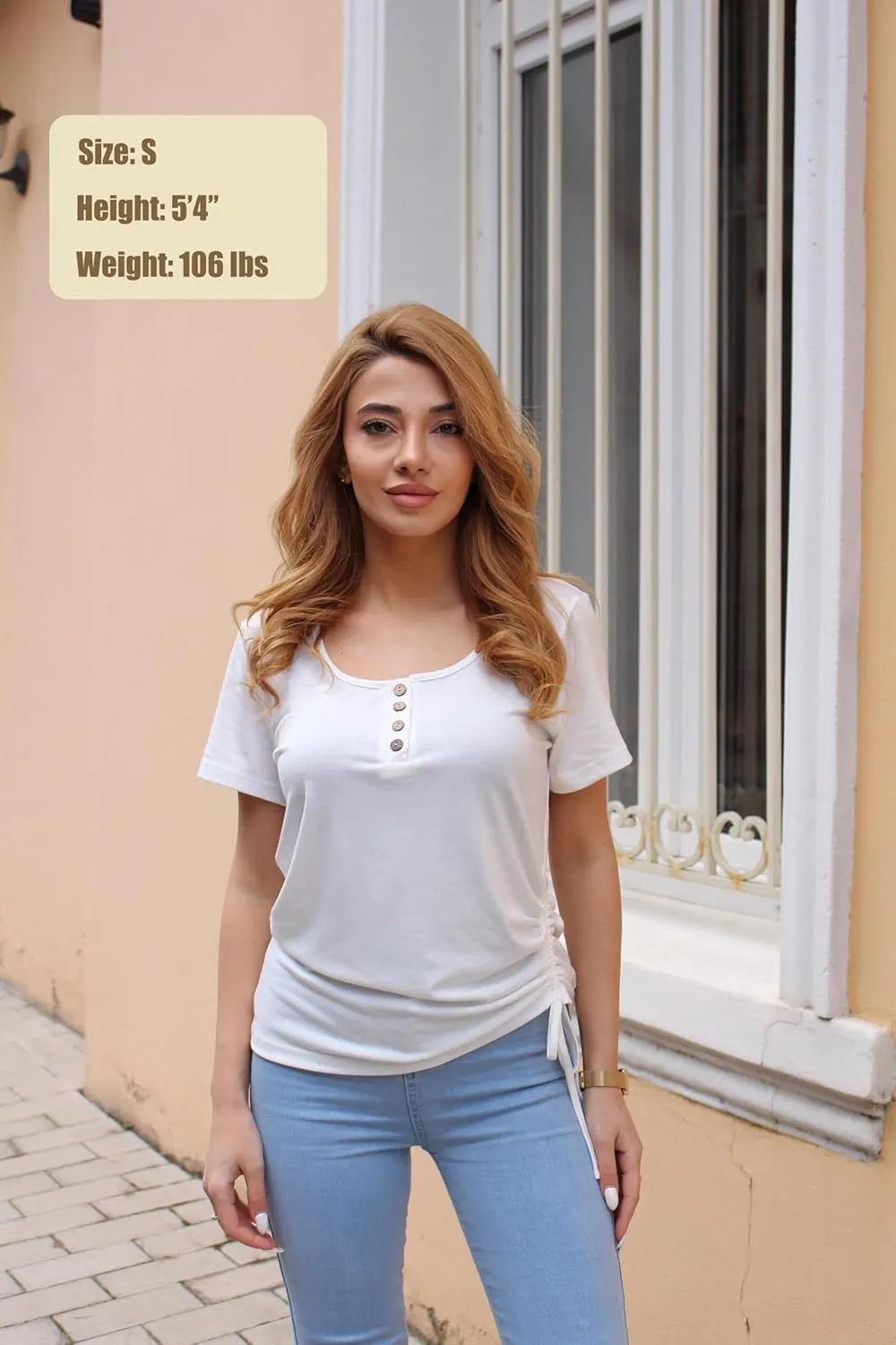 Womens Tops Short Sleeve Summer Henley Shirts Scoop Neck Ruched Blouses Dressy Casual Tunic Tops