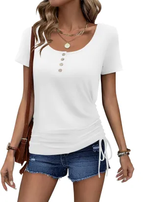 Womens Tops Short Sleeve Summer Henley Shirts Scoop Neck Ruched Blouses Dressy Casual Tunic Tops