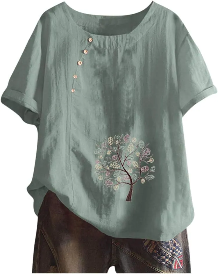 Womens Tops Short Sleeve Summer Henley Shirts Scoop Neck Ruched Button Blouses Dressy Casual Tunic Tops