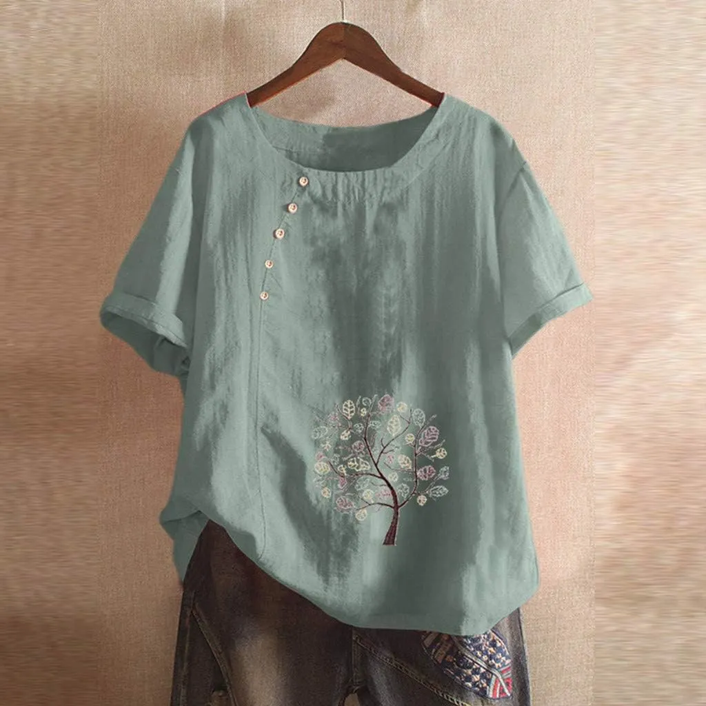 Womens Tops Short Sleeve Summer Henley Shirts Scoop Neck Ruched Button Blouses Dressy Casual Tunic Tops