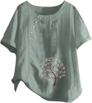 Womens Tops Short Sleeve Summer Henley Shirts Scoop Neck Ruched Button Blouses Dressy Casual Tunic Tops