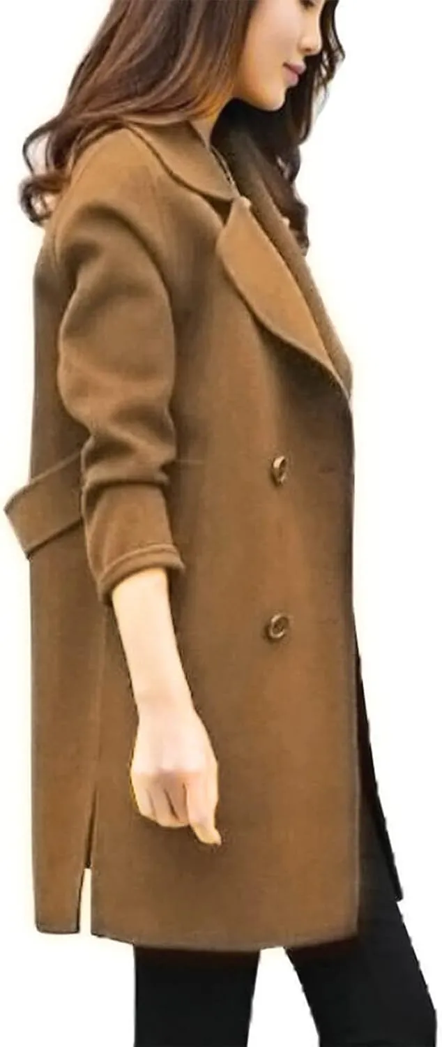 Womens Trendy Woolen Coats Winter Trench Coat Casual Button Cardigan Jacket Overcoat Plain Lapel Outwear