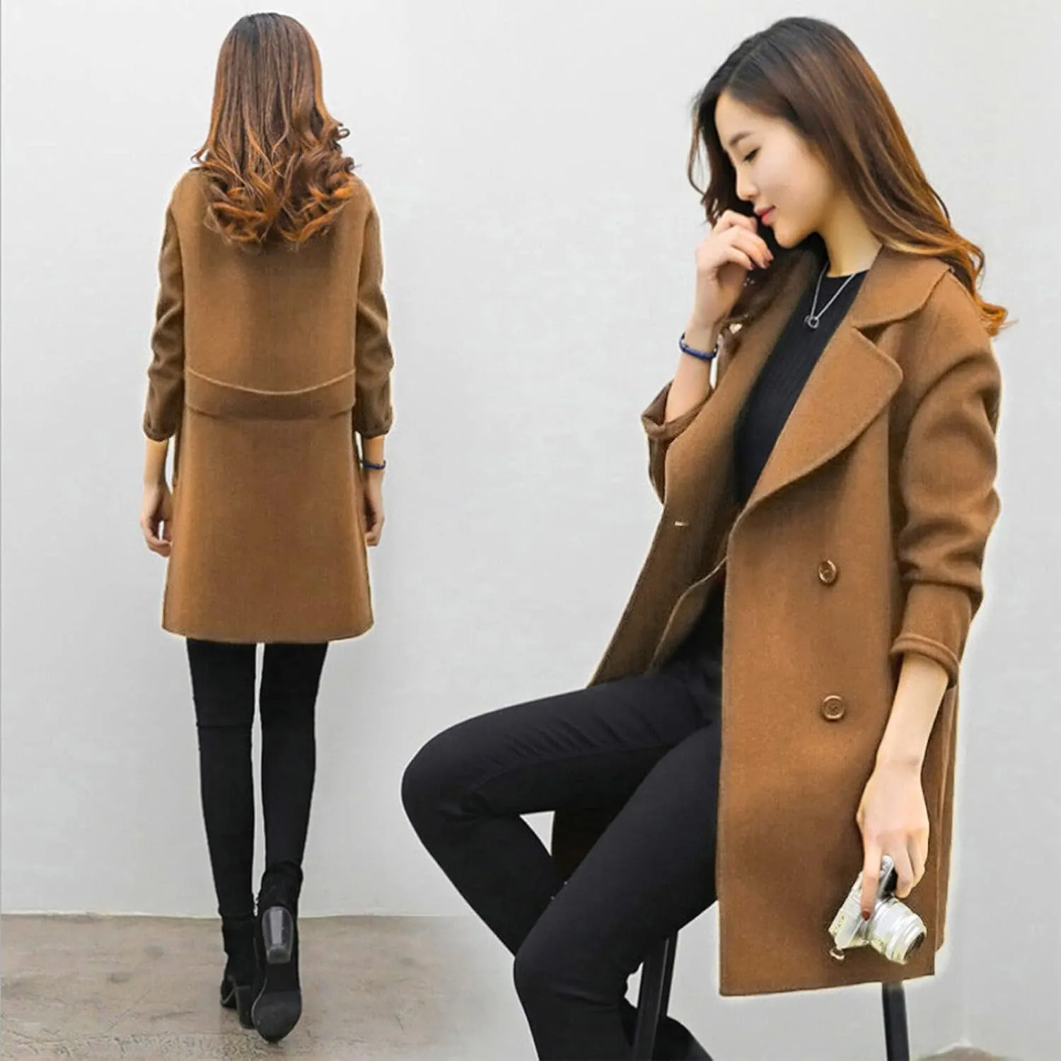 Womens Trendy Woolen Coats Winter Trench Coat Casual Button Cardigan Jacket Overcoat Plain Lapel Outwear