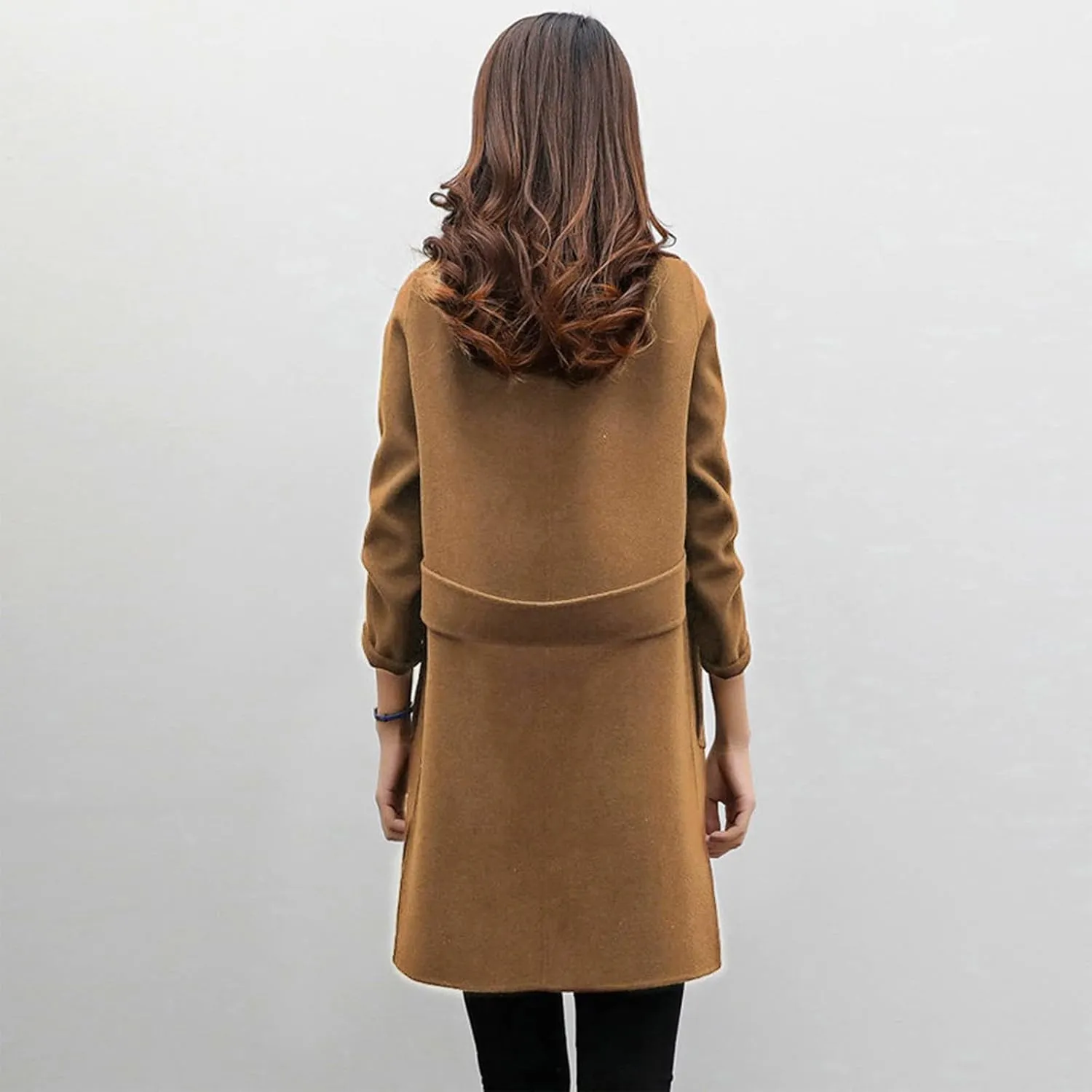 Womens Trendy Woolen Coats Winter Trench Coat Casual Button Cardigan Jacket Overcoat Plain Lapel Outwear