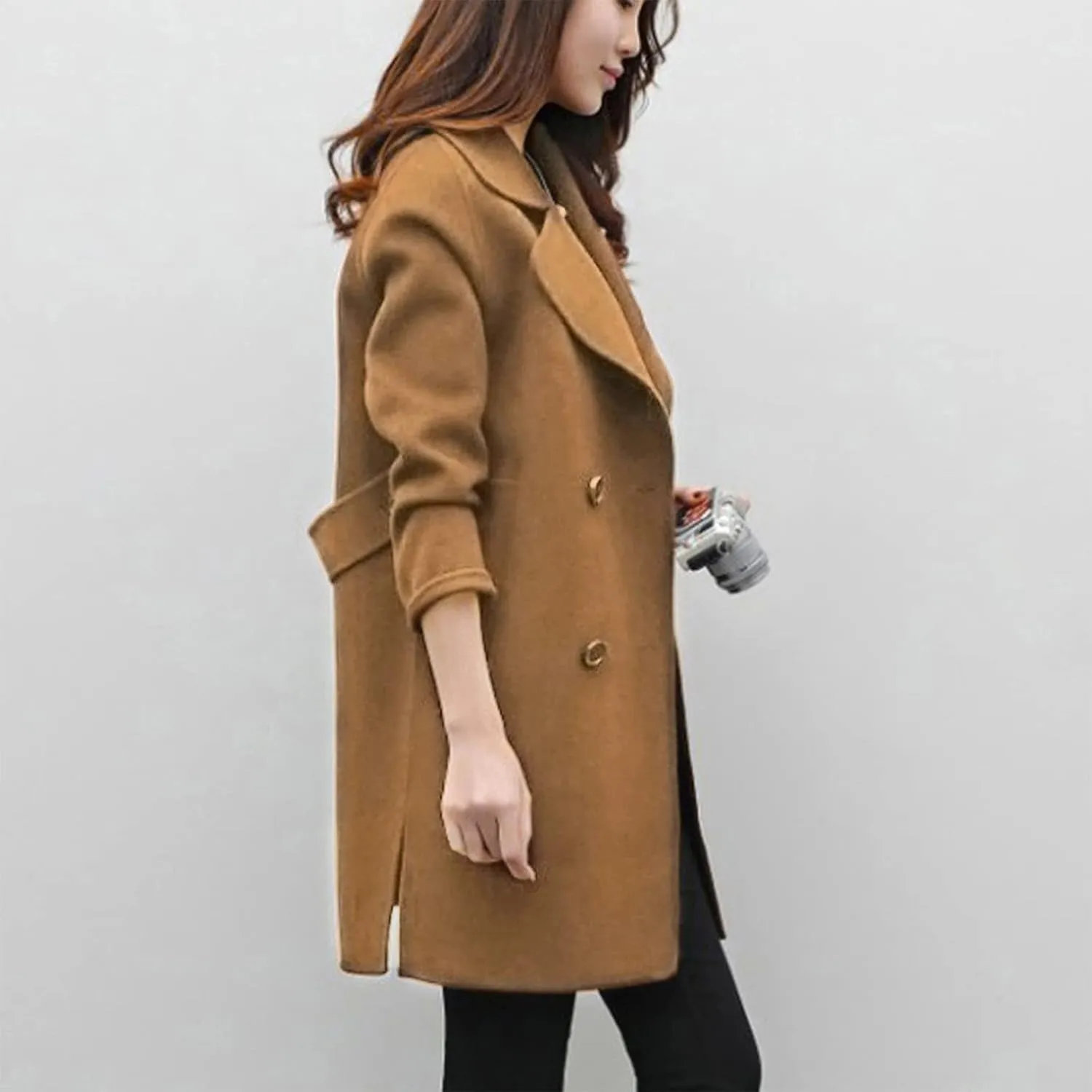 Womens Trendy Woolen Coats Winter Trench Coat Casual Button Cardigan Jacket Overcoat Plain Lapel Outwear