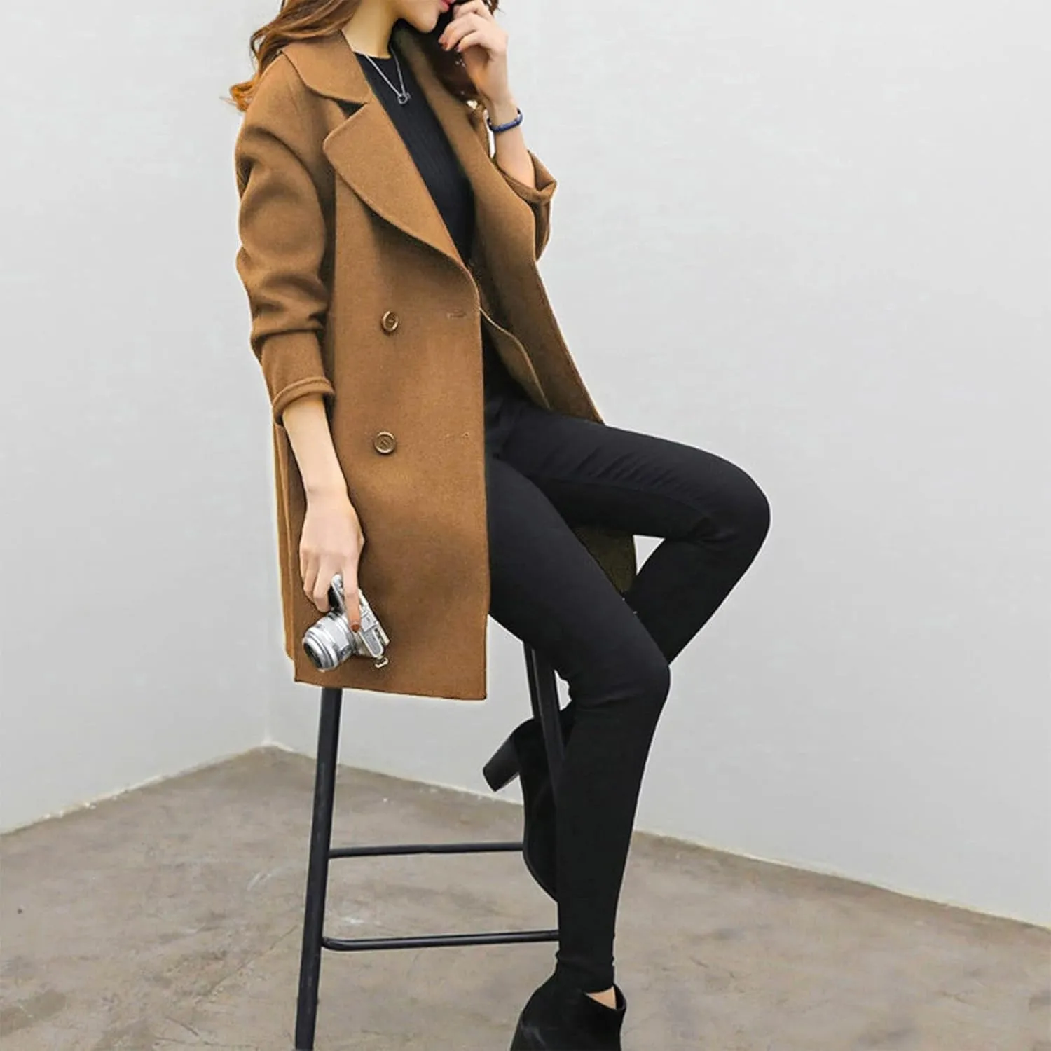 Womens Trendy Woolen Coats Winter Trench Coat Casual Button Cardigan Jacket Overcoat Plain Lapel Outwear